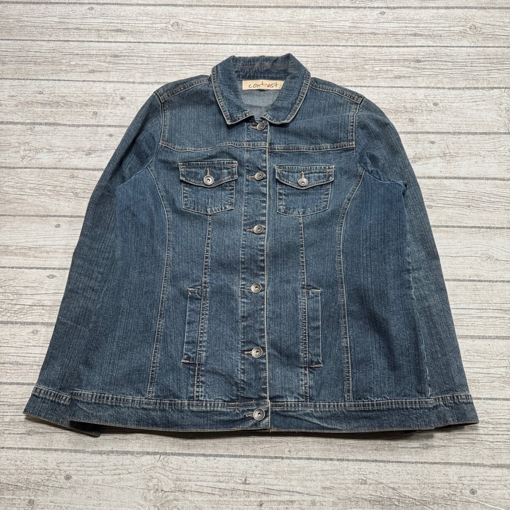 Contrast Denim Jacket Women's 16 Blue Button Front Long Sleeve Trucker Workwear